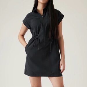 ATHLETA TOPSPIN DRESS BLACK SHORT SLEEVE ZIP FRONT CINCH WAIST WOMENS SMALL